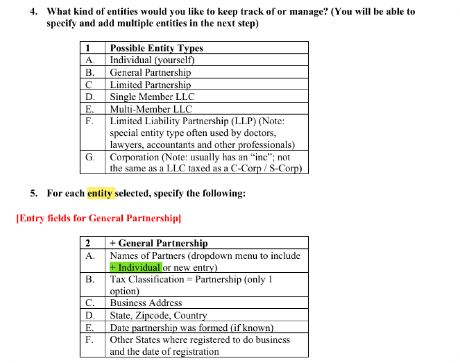 Snippet of intake document